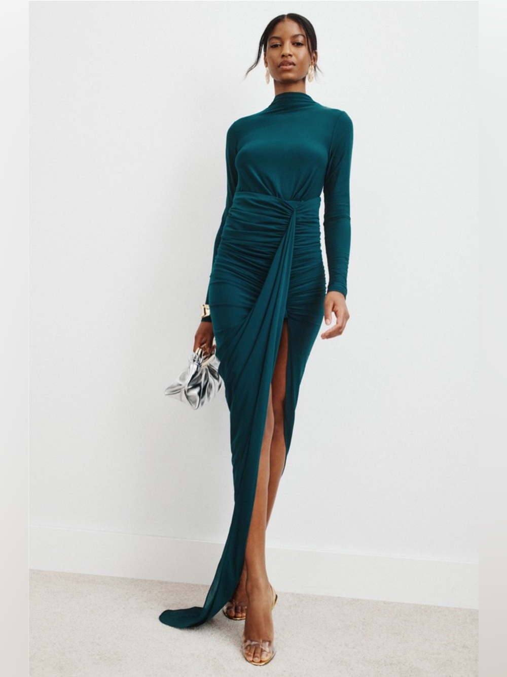 Ronny Kobo Collection Teal Long-Sleeve Ruched Gown with High Slit